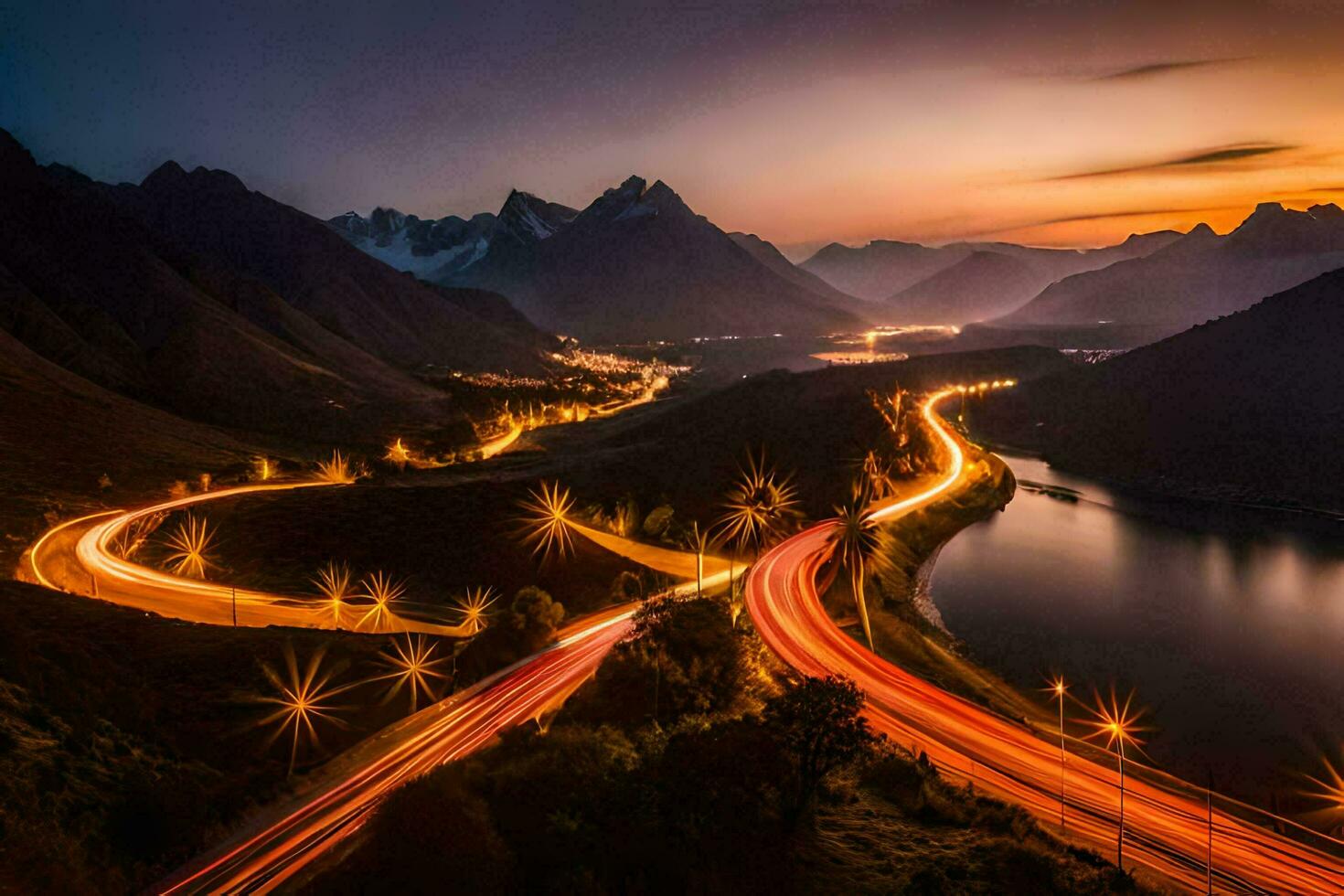 a long exposure photo of a road and mountains at night. AI-Generated