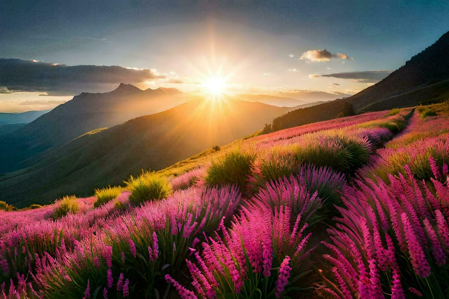 the sun rises over the mountains and the flowers are in bloom. AI-Generated photo