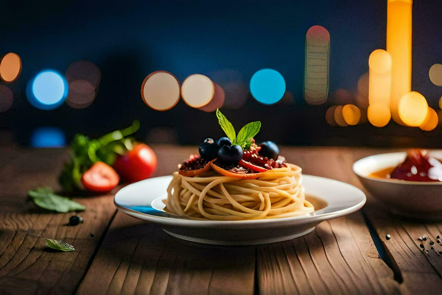 spaghetti with tomato sauce and blueberries on a plate. AI-Generated photo