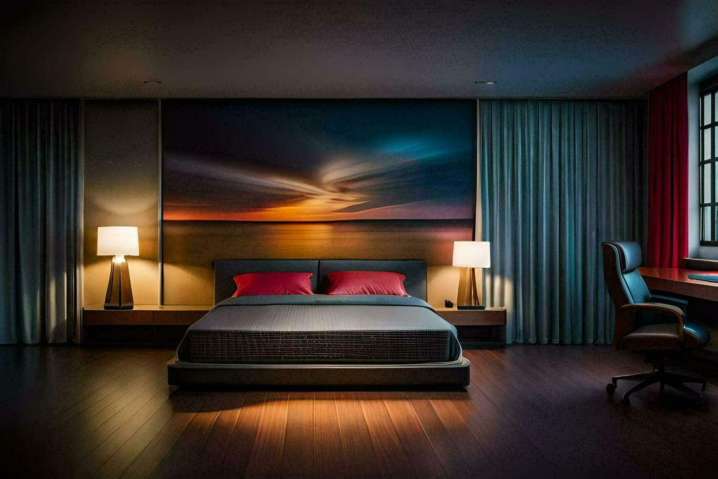 a modern bedroom with a large painting on the wall. AI-Generated photo