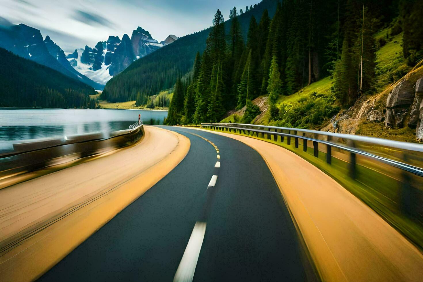 a road with mountains in the background and water in the foreground. AI-Generated photo