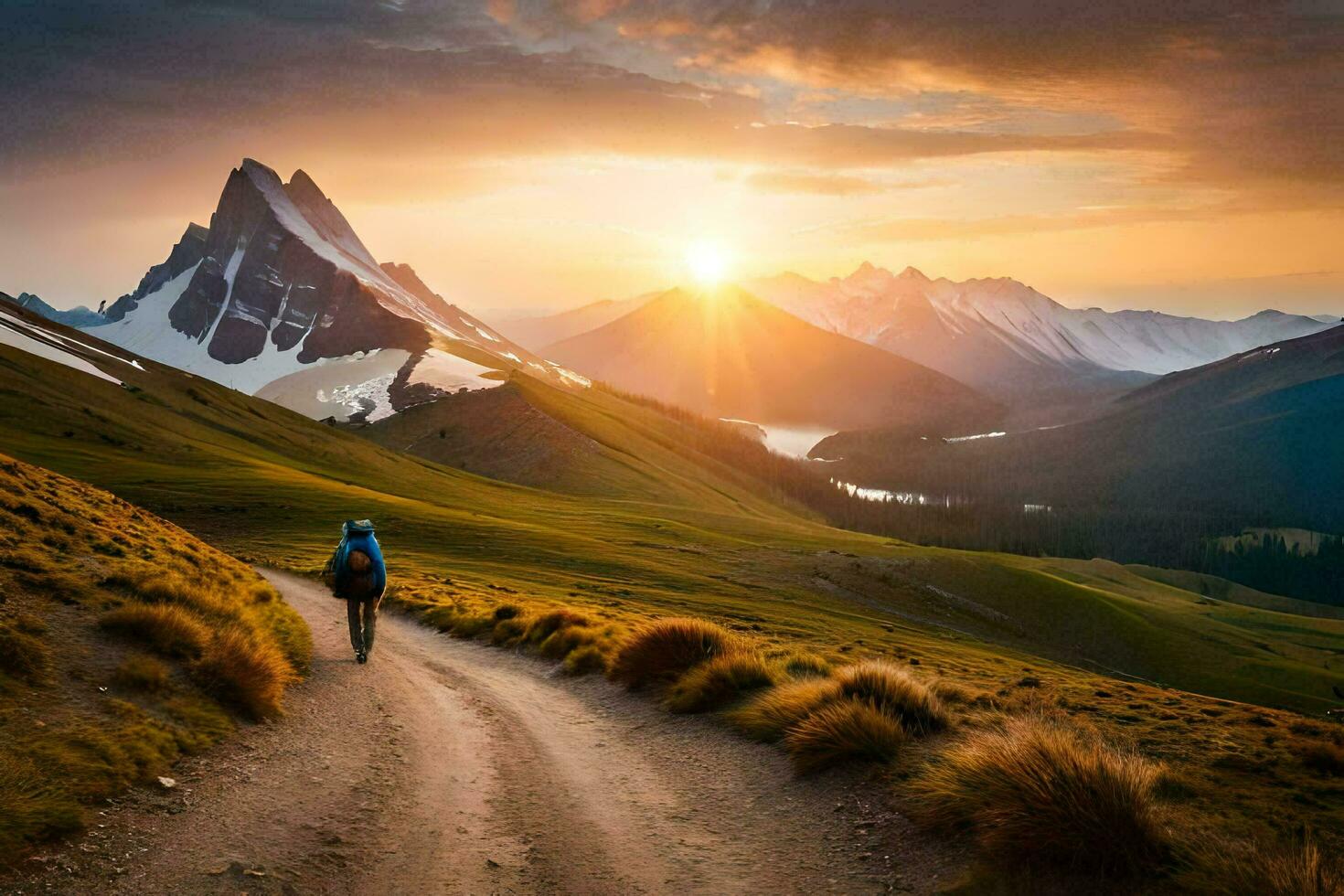 a man walks on a dirt road in the mountains. AI-Generated photo