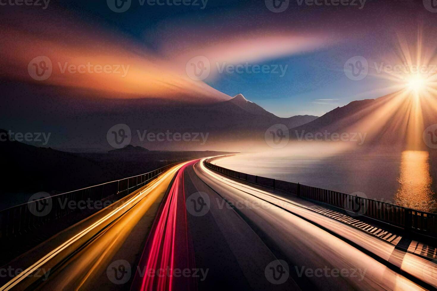 a long exposure photograph of a road with light trails. AI-Generated photo