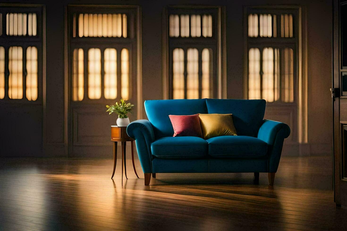 a blue couch in an empty room with windows. AI-Generated photo