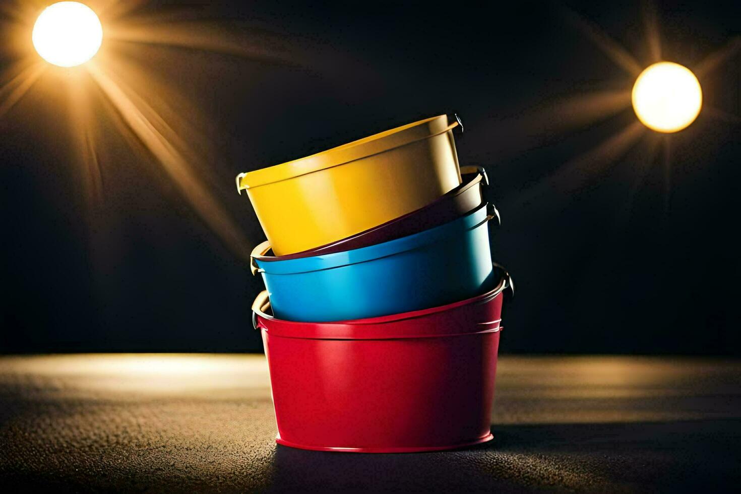 three colorful buckets on a table in front of a spotlight. AI-Generated photo