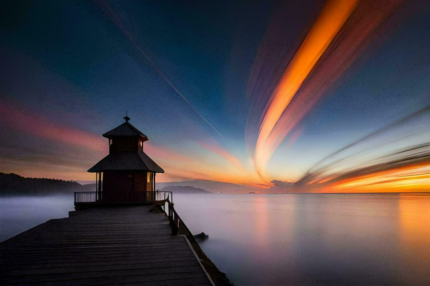 a lighthouse on a pier at sunset with long exposure. AI-Generated photo