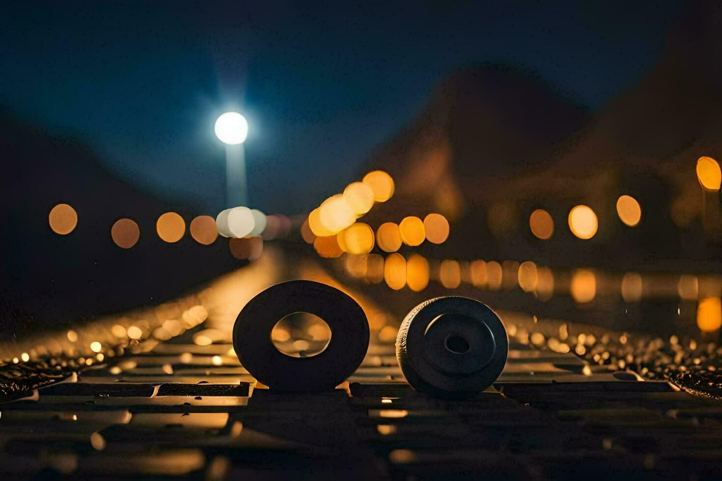 two skateboards sit on the ground at night. AI-Generated photo