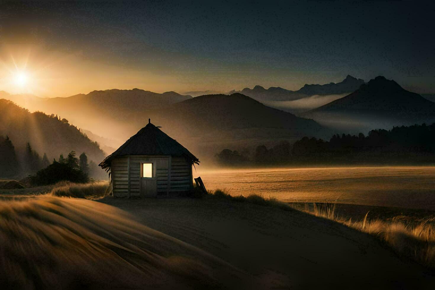 a small cabin in the middle of a field at sunrise. AI-Generated photo