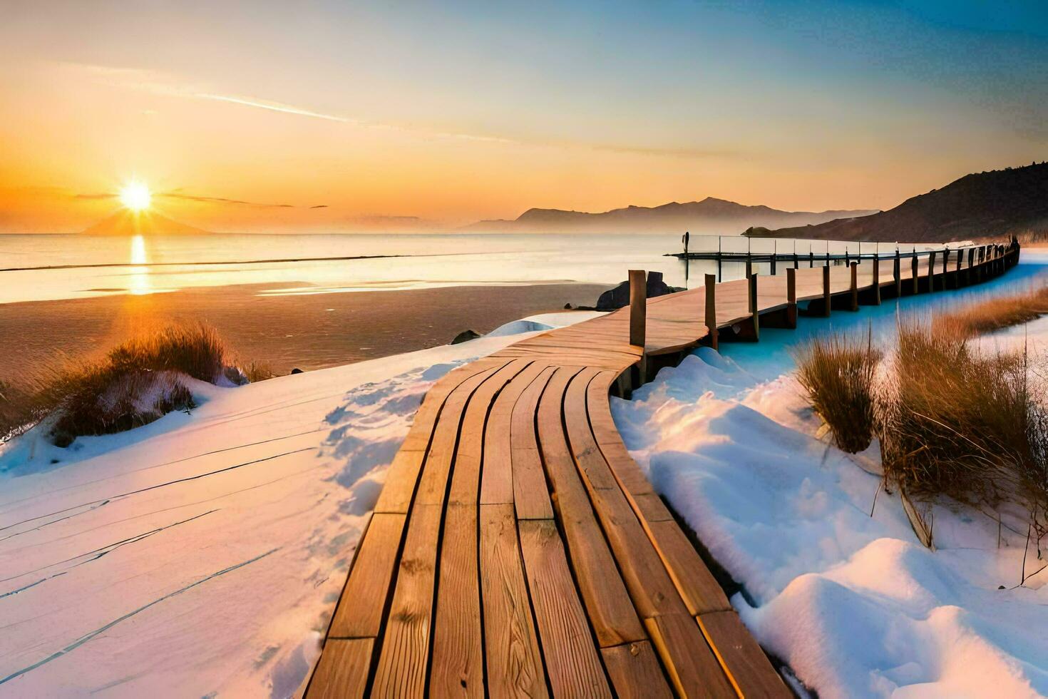 a wooden boardwalk leads to the beach at sunset. AI-Generated photo