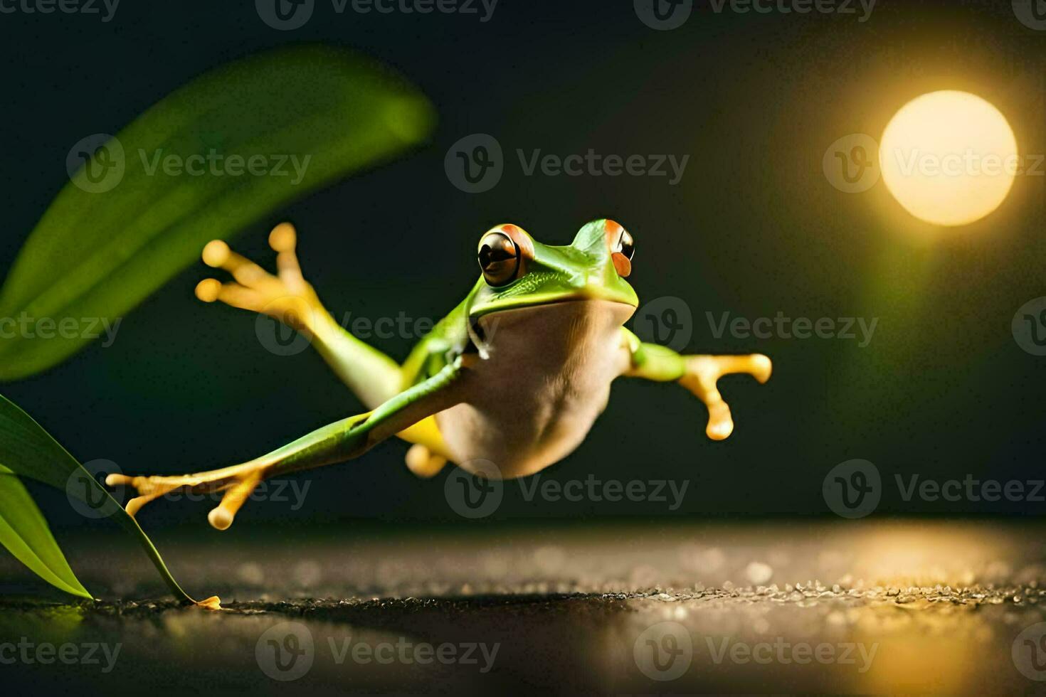 a frog jumping in the air with a green leaf. AI-Generated photo