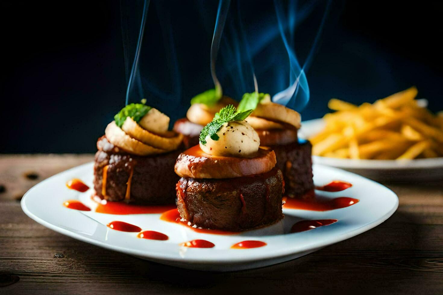 steak with sauce and fries on a plate. AI-Generated photo