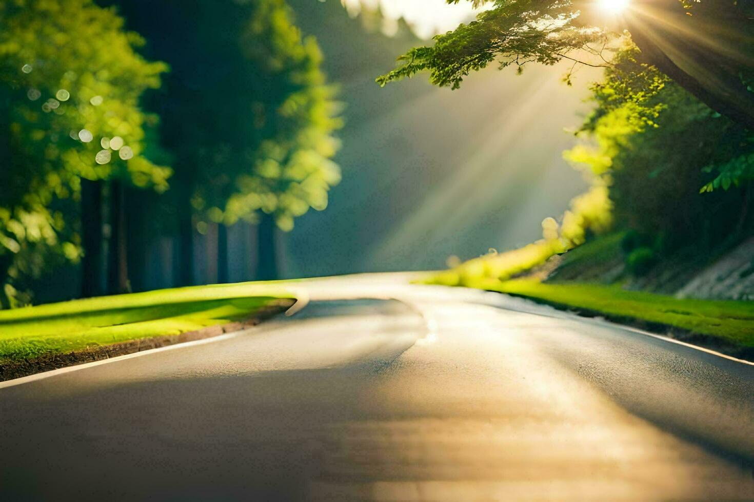 a road with trees and sun shining in the background. AI-Generated photo