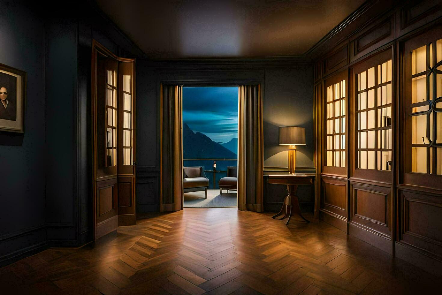 a room with wooden floors and a view of the mountains. AI-Generated photo