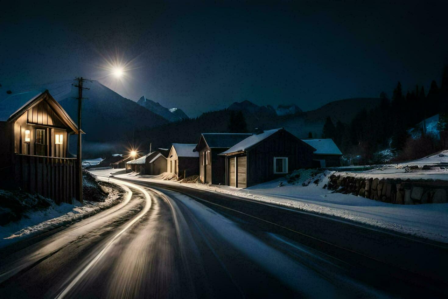 un Nevado la carretera en el montañas a noche. generado por ai foto