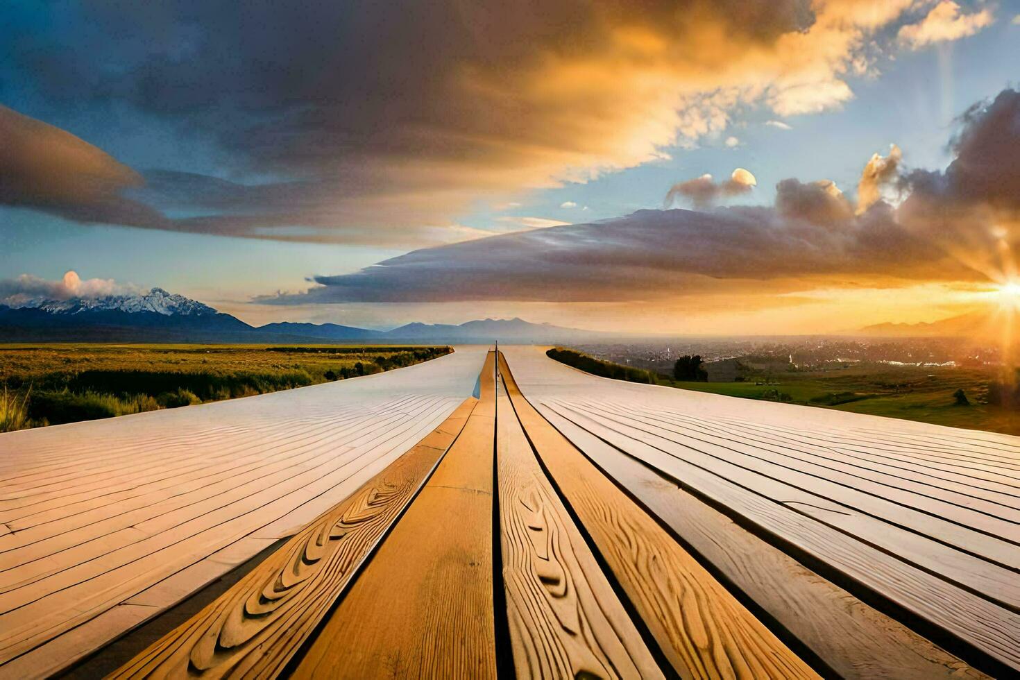 a wooden walkway leads to the sunset over a mountain. AI-Generated photo