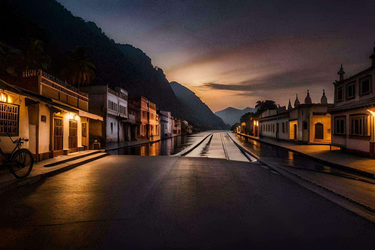 a street in the middle of a town at night. AI-Generated photo