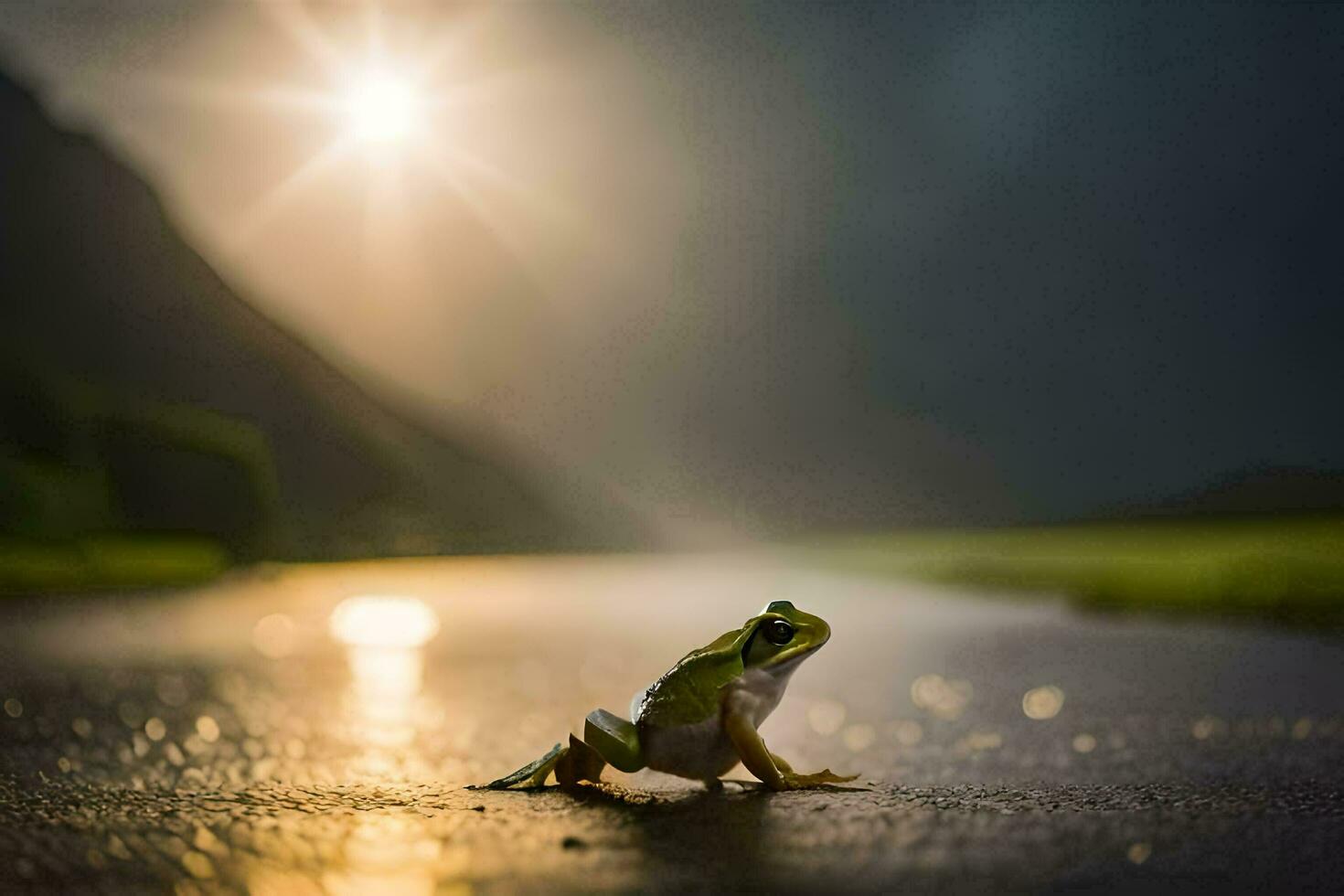 a frog sitting on the ground in the rain. AI-Generated photo