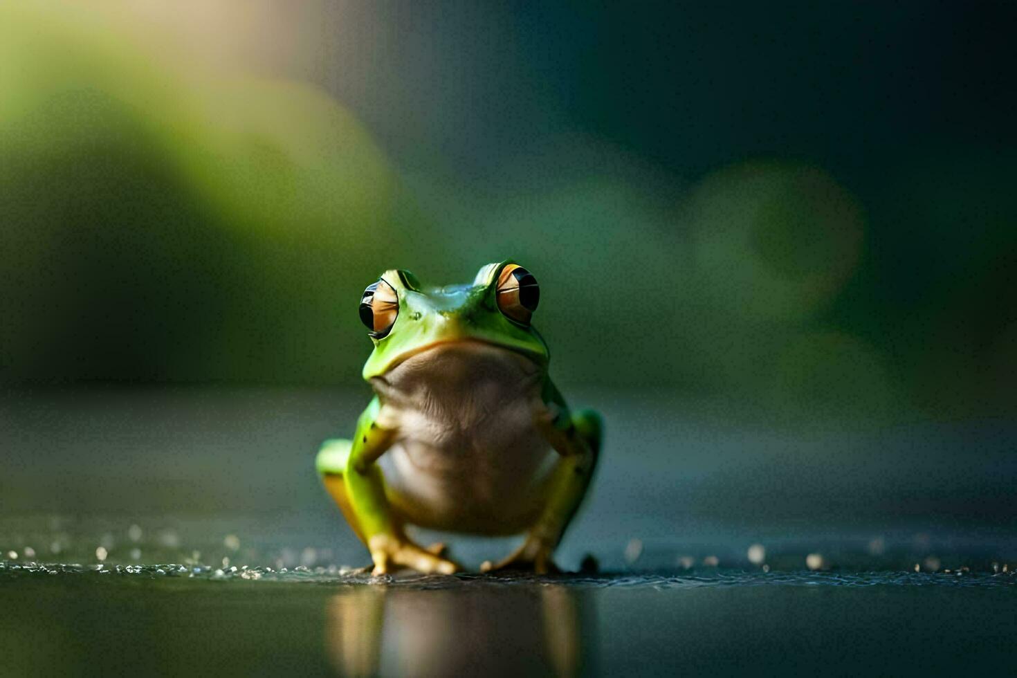 a frog sitting on the ground with a blurry background. AI-Generated photo