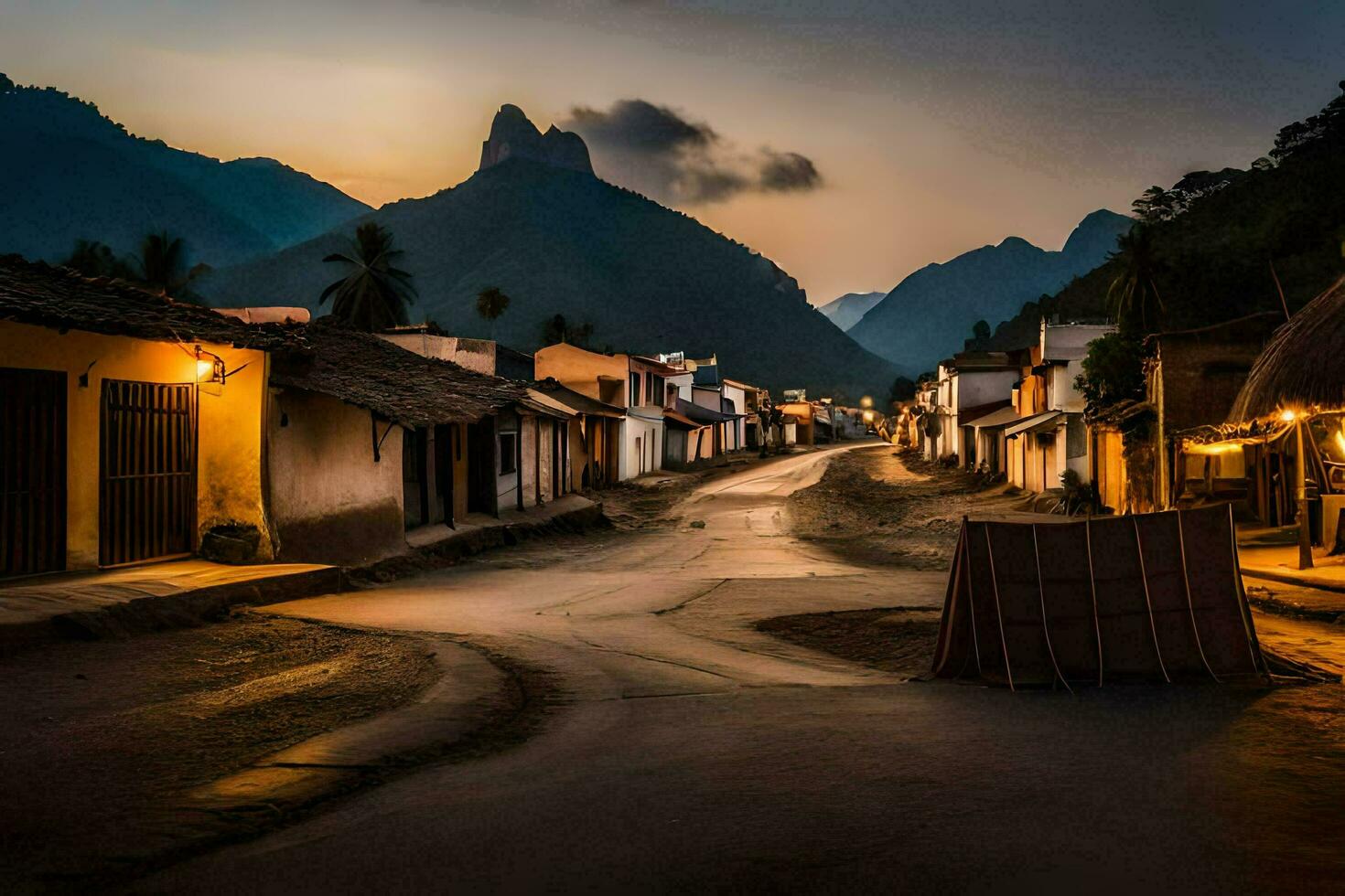 un calle en el montañas a oscuridad. generado por ai foto