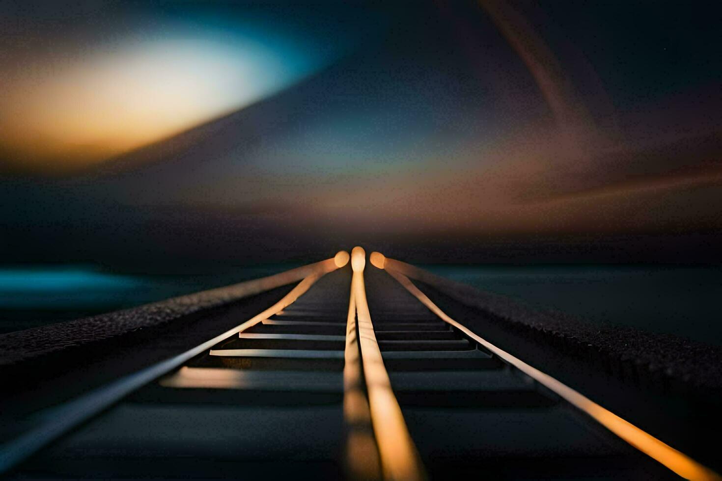 a train track at night with the sun in the background. AI-Generated photo
