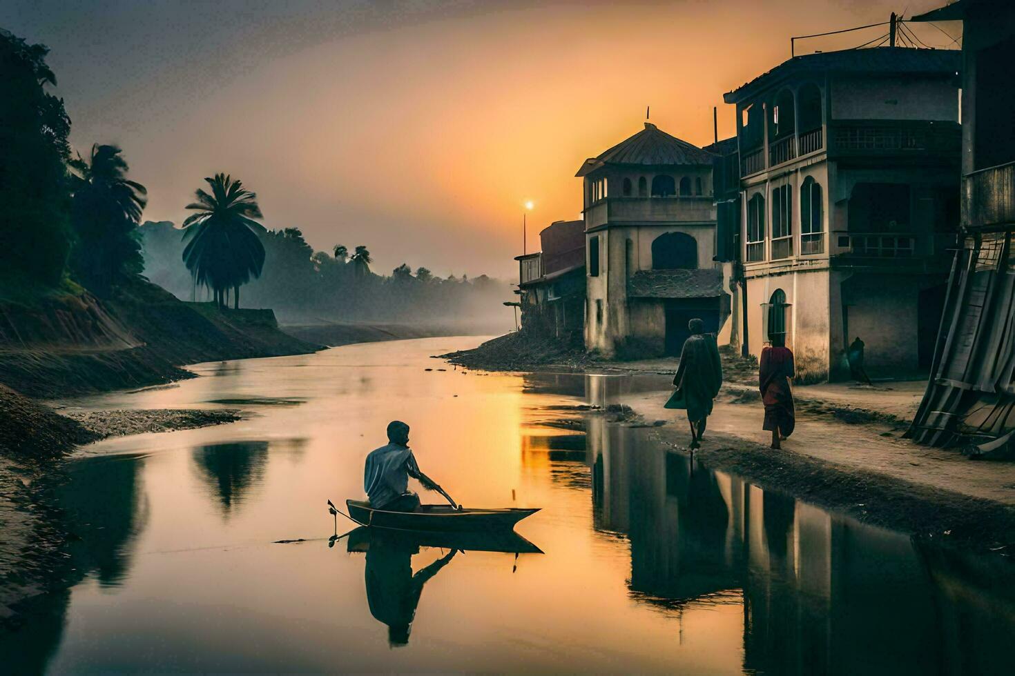 a man in a boat on a river at sunset. AI-Generated photo