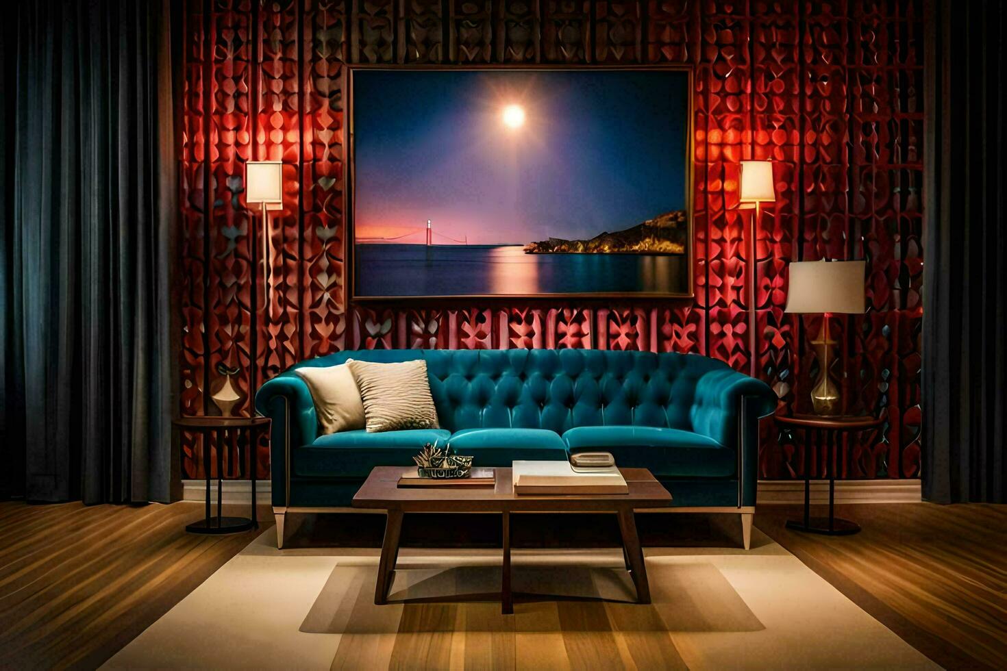 a living room with a blue couch and a painting. AI-Generated photo
