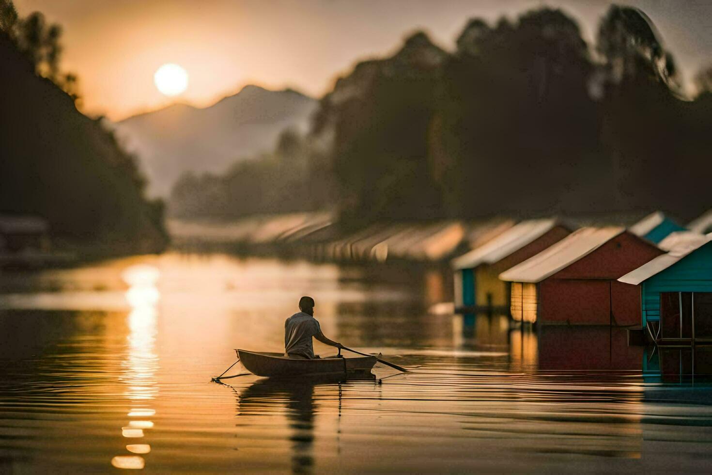 a man in a boat on the water with houses in the background. AI-Generated photo