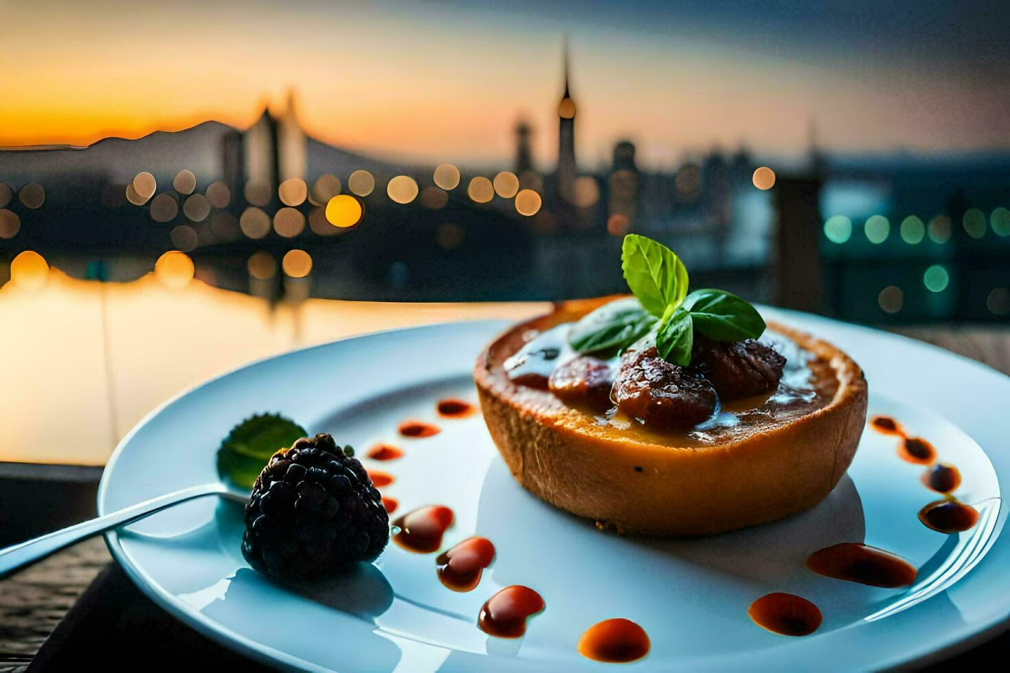 un plato de comida con un ver de el ciudad. generado por ai foto