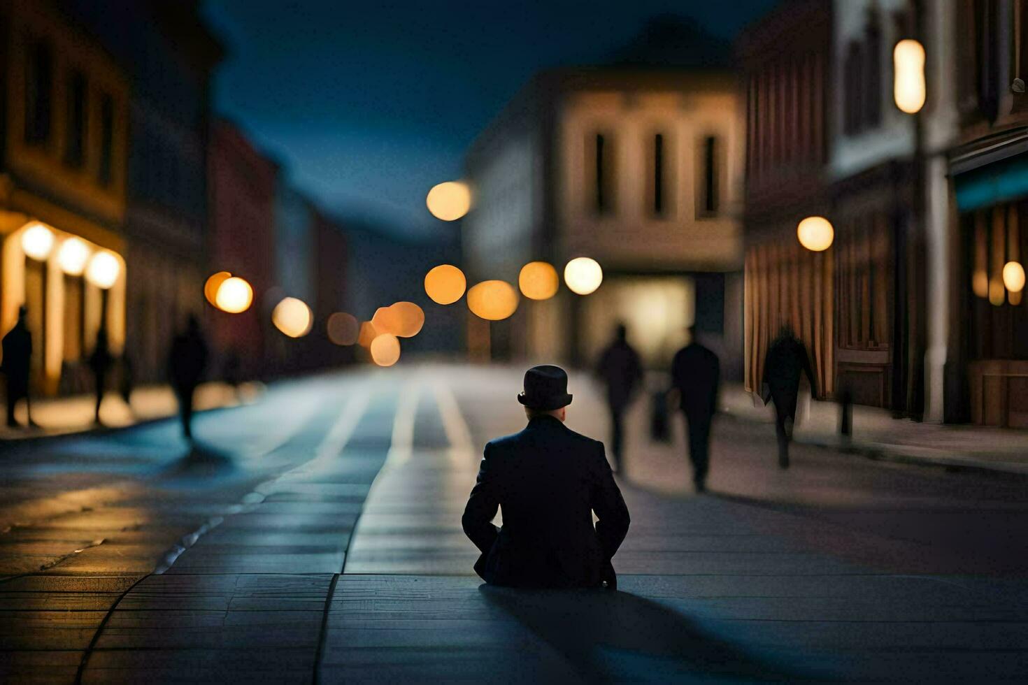 a man in a suit sits on the ground in a city at night. AI-Generated photo