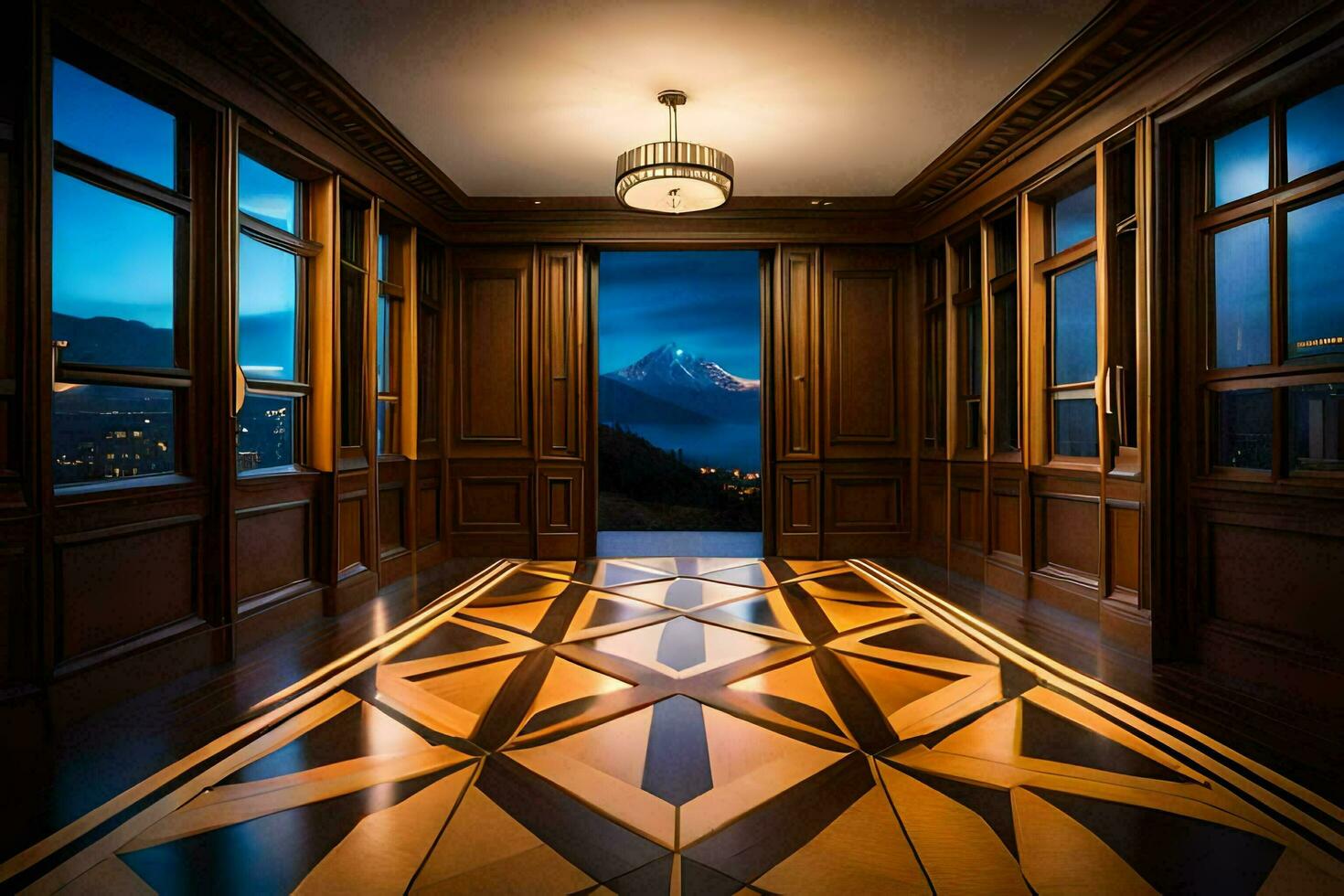 a hallway with a view of the mountains. AI-Generated photo