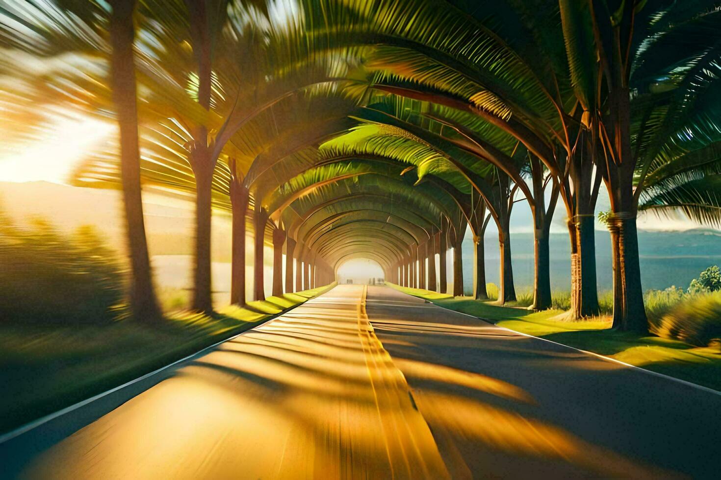 a long road with palm trees and a sun shining through the trees. AI-Generated photo