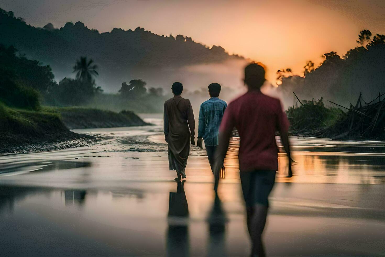 three people walking along the river at sunset. AI-Generated photo