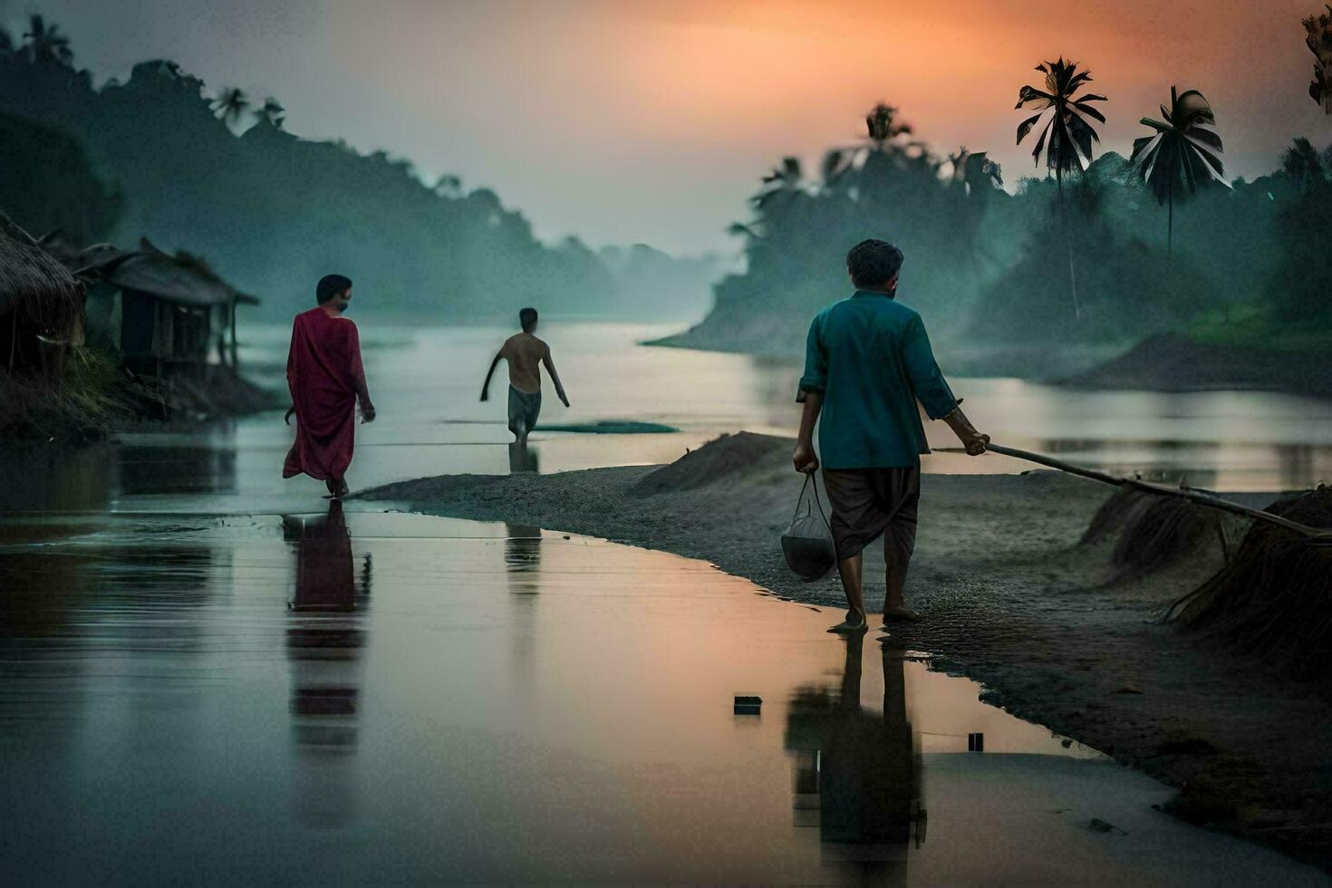 dos hombres caminando a lo largo el río a puesta de sol. generado por ai foto