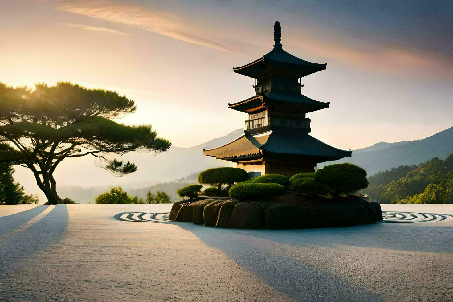 a pagoda sits in the middle of a mountain. AI-Generated photo