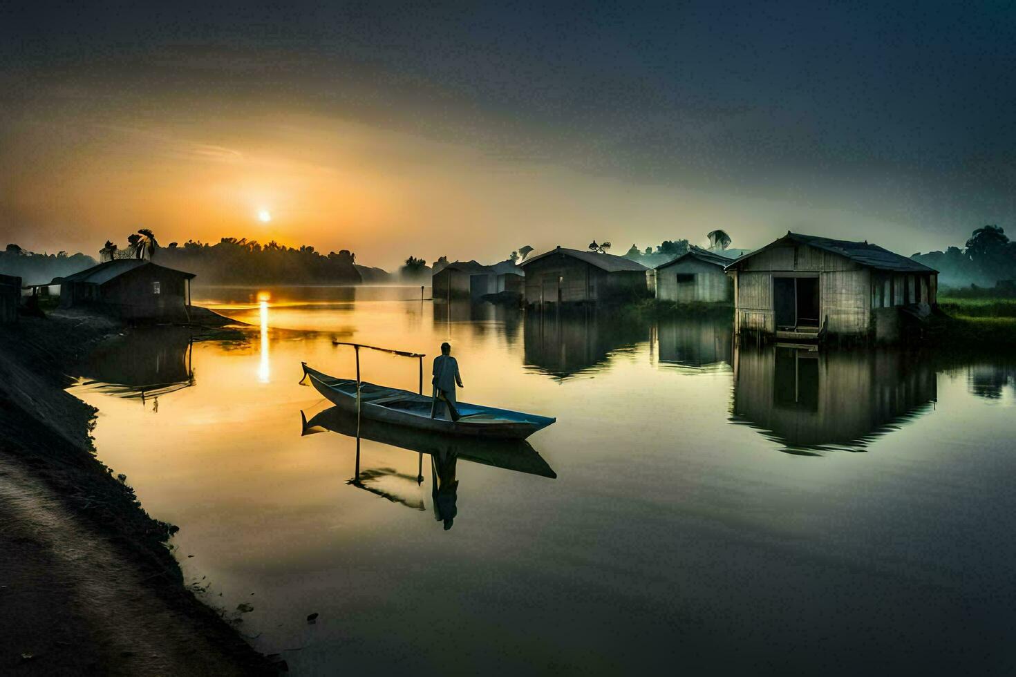 a boat is docked in the water at sunset. AI-Generated photo