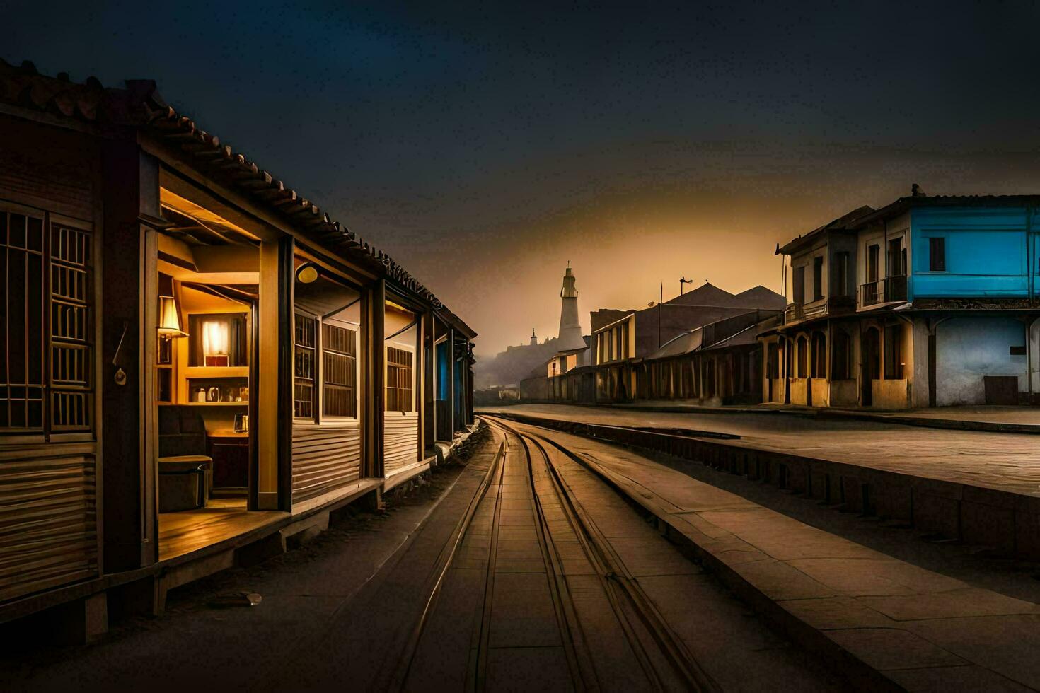 a train tracks in the middle of a town. AI-Generated photo