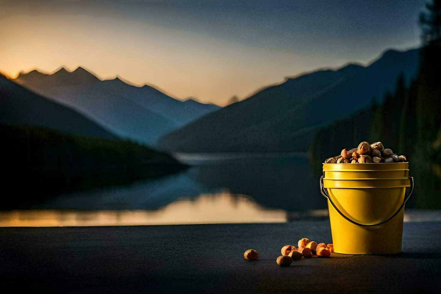 a bucket of nuts on the lake. AI-Generated photo
