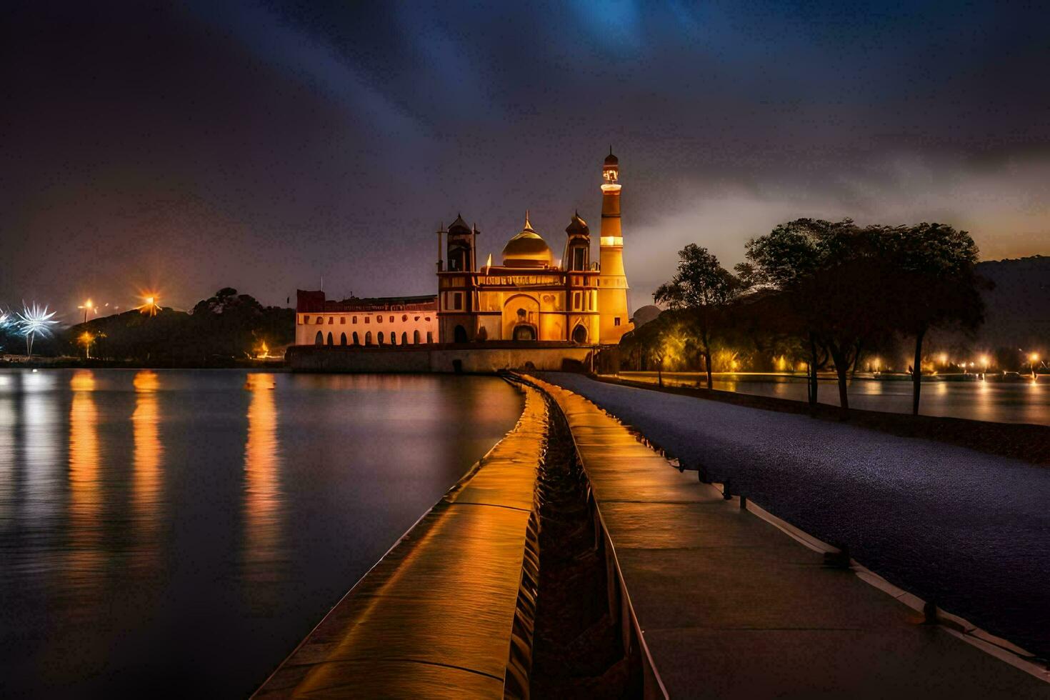 the mosque at night with a long bridge and water. AI-Generated photo