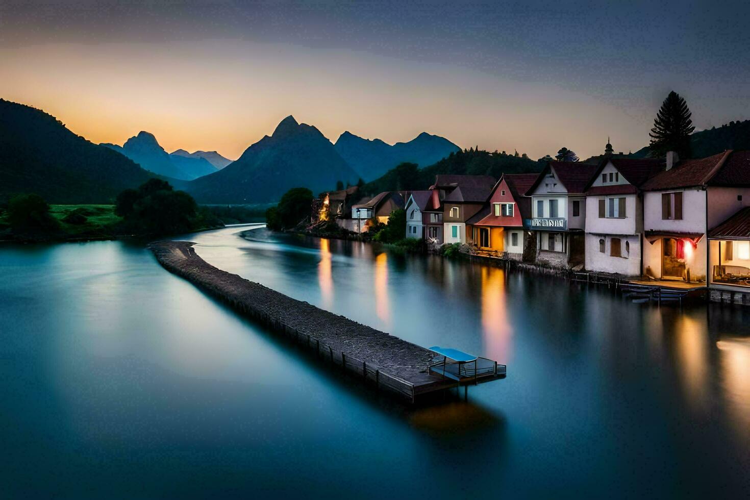 a river in the middle of a town at dusk. AI-Generated photo