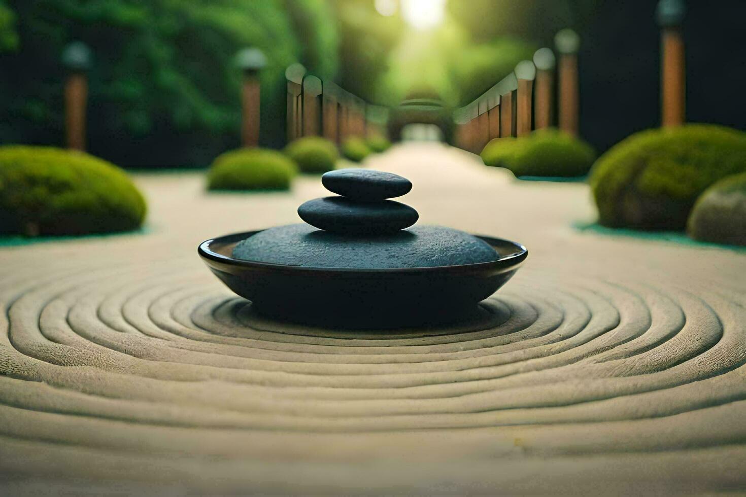 a zen garden with stones and a stone bowl. AI-Generated photo