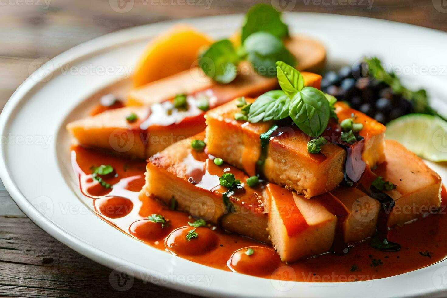 a plate of food with tofu and sauce. AI-Generated photo