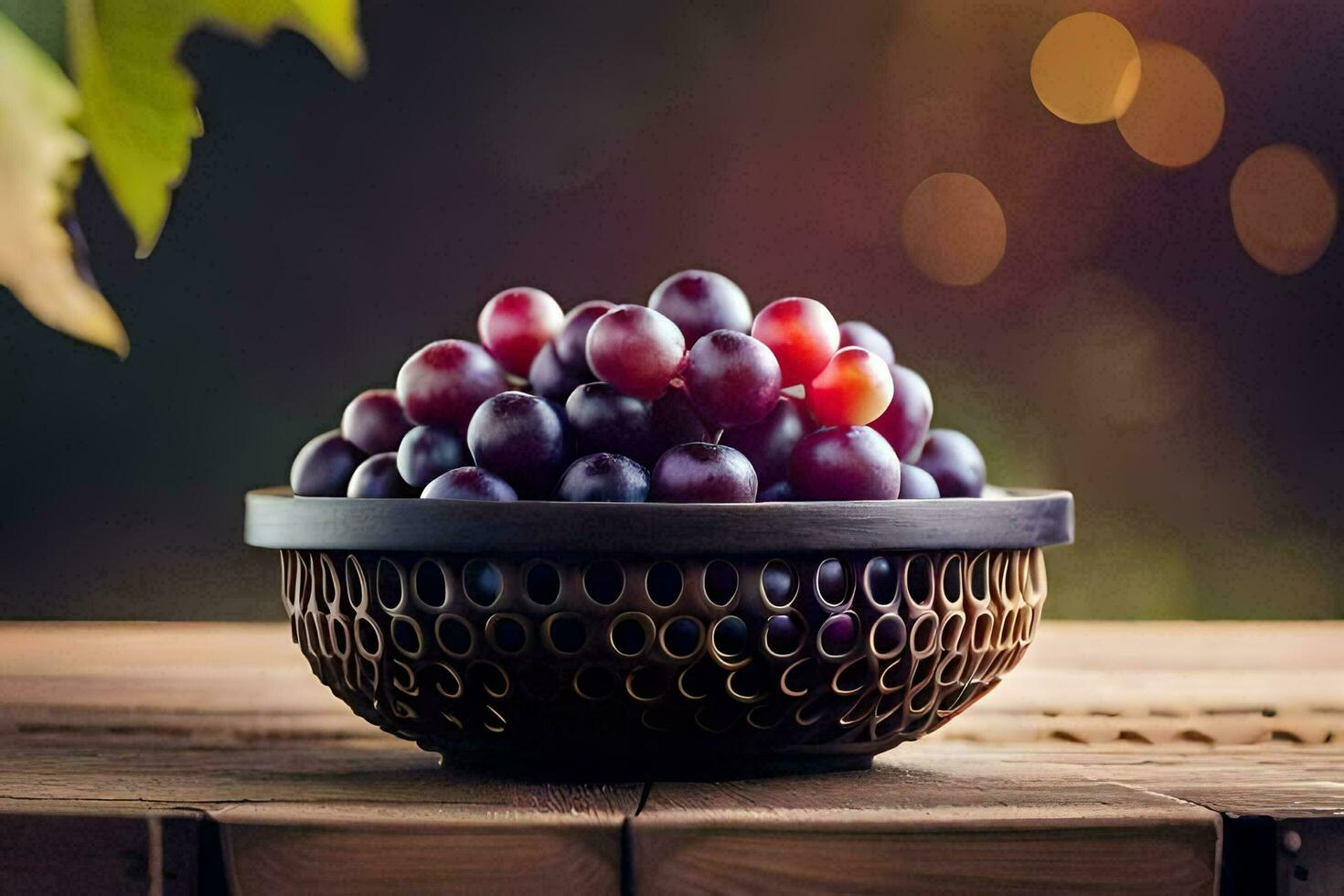 a bowl of grapes on a wooden table. AI-Generated photo