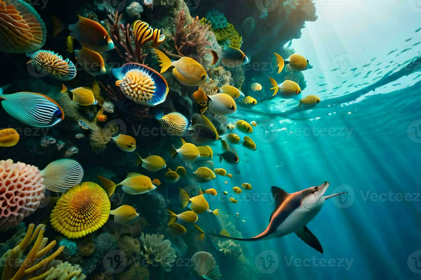 un tiburón nadando en el Oceano con un coral arrecife. generado por ai foto