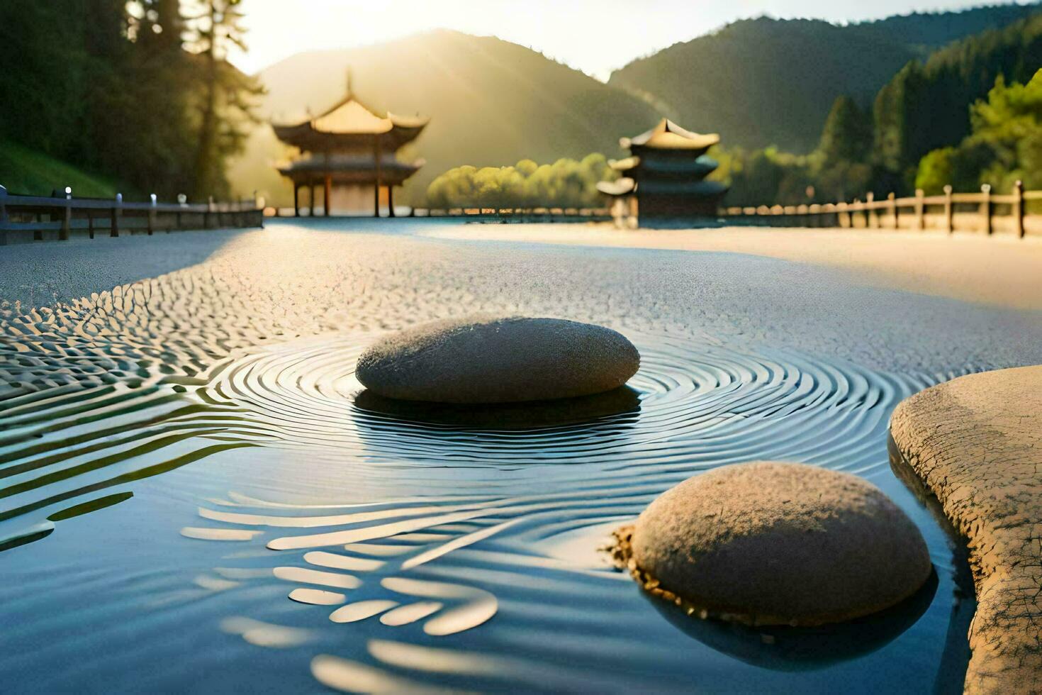 a stone in the water with a pagoda in the background. AI-Generated photo