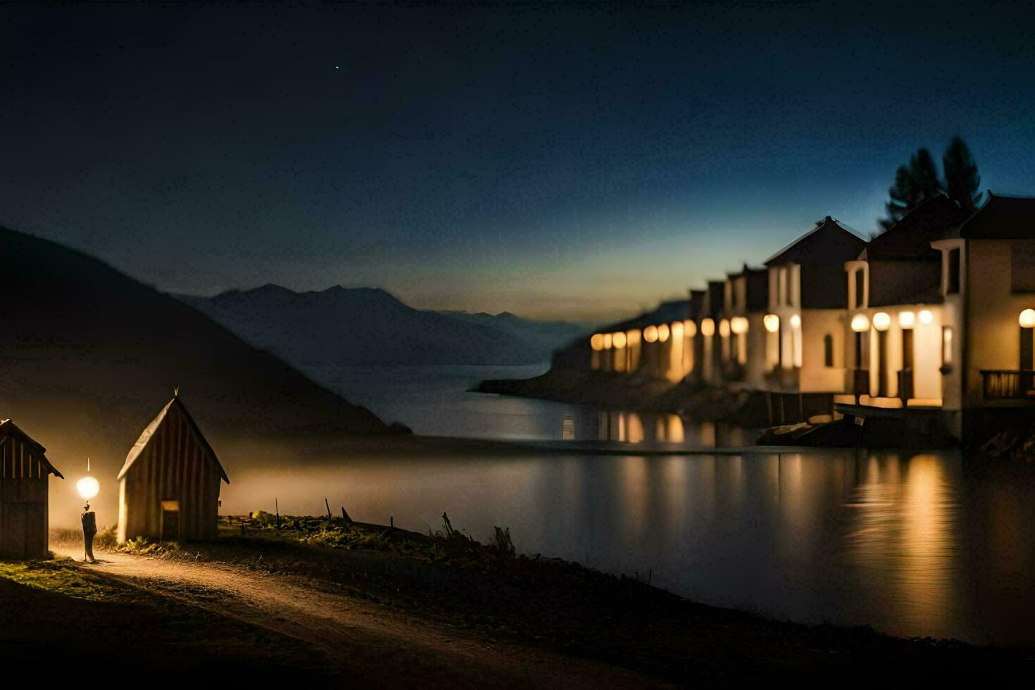 a small house is lit up at night by the water. AI-Generated photo