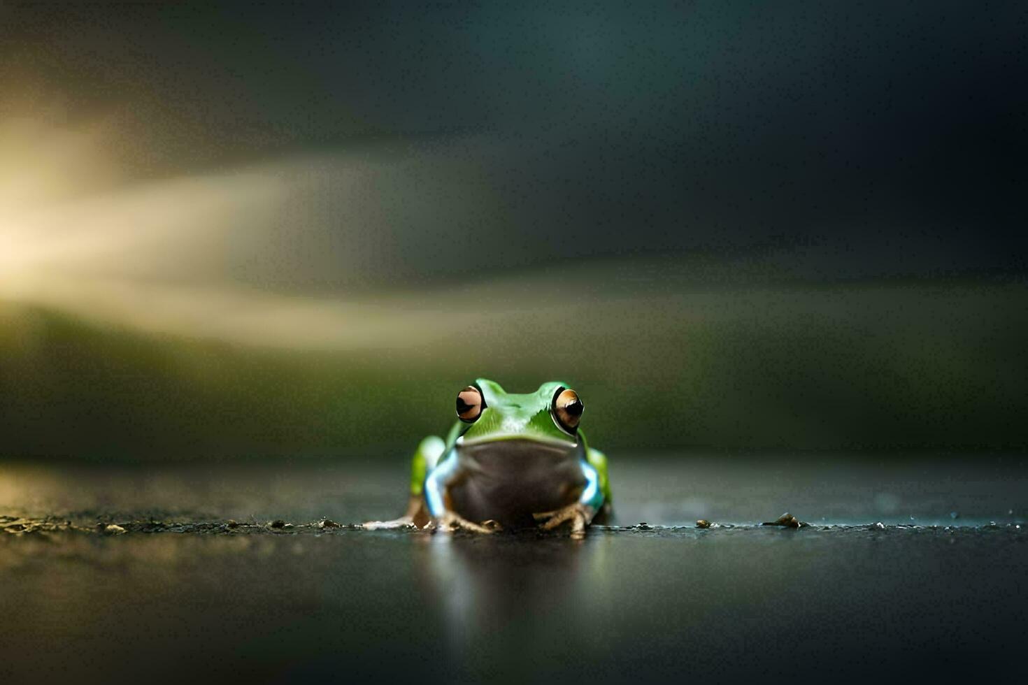 a frog sitting on the ground in front of a bright light. AI-Generated photo