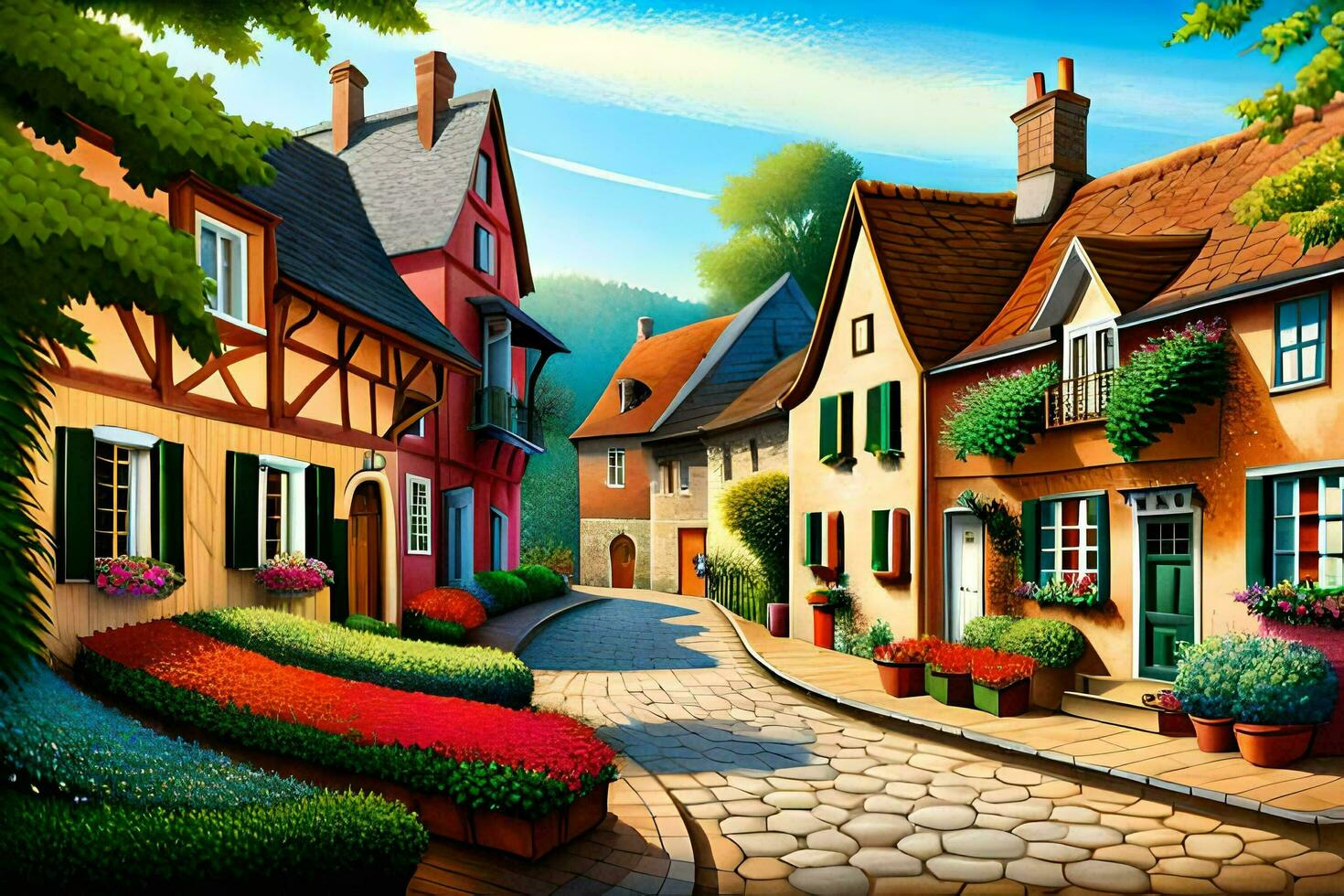 an illustration of a street in the countryside. AI-Generated photo