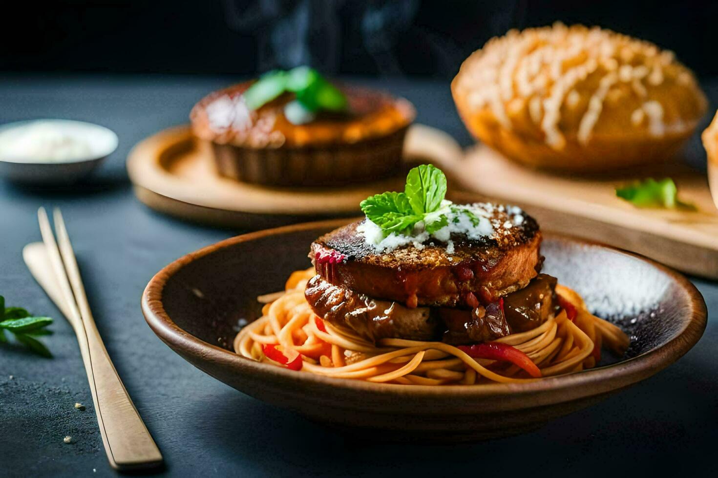 the food is served on a wooden plate with bread and a fork. AI-Generated photo