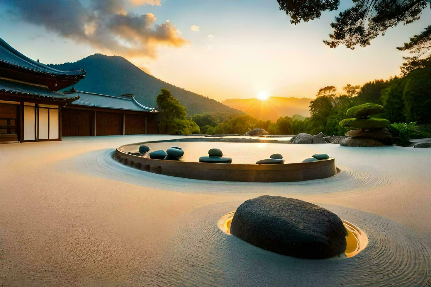 un japonés jardín a puesta de sol. generado por ai foto