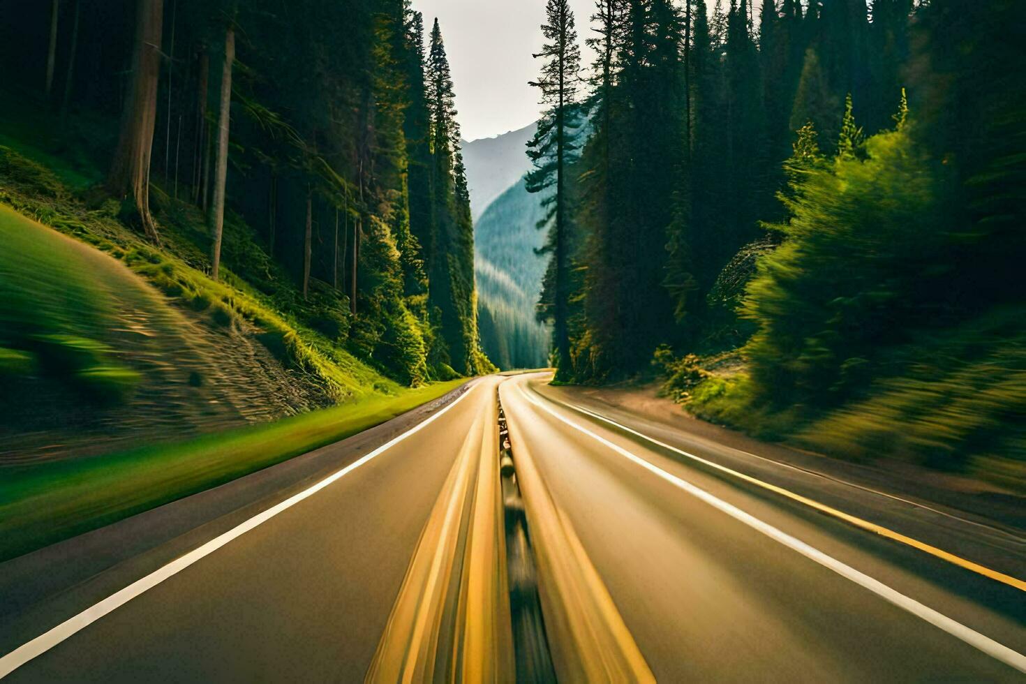 a blurry image of a road in the mountains. AI-Generated photo